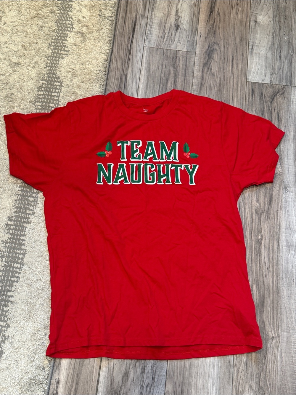 Holiday Time Red "Team Naughty" Graphic Tee with Green Accents
